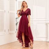 2025elegant V-neck ruffle edge short-sleeved dress fluffy tulle ball irregular front short rear long skirt