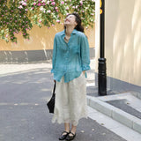 Fashion suit skirt summer women's two-piece set, blue V-neck shirt, Chinese white skirt, tea dress, a complete set