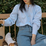 spring new cotton long-sleeved shirt single-breasted round neck placket design top blue striped shirt
