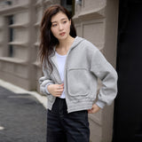 Solid color zipper sweater jacket women's spring and autumn new sports and leisure fleece hooded top short pocket cardigan