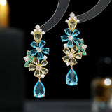 2025 New colored zircon earrings in summer 2023, colored crystal zircon long earrings, women's fresh flower earrings.