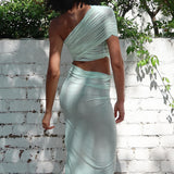 2025 G25DS001  New women's clothing  summer new mesh off-the-shoulder perspective irregular diagonal span dress