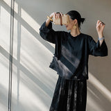 New Chinese shirt set, black gray loose top button-down shirt B0805 jacquard wide-leg pants B0740