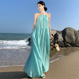2025 Seaside vacation dress  small fresh simple sweet neck photo pleated pendulum beach suspender dress
