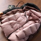 2025 Fluffy and high warm! Hooded windproof drawstring waist down jacket medium and long high-end women's clothing 90 white duck down winter