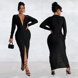 2025 C7118     fashion women's clothing slim-fitting v-neck split-ended solid color dress new