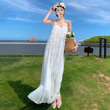 2025 beautiful white lace suspender dress women's summer skirt temperament high-end sexy seaside vacation dress