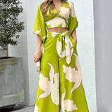 2025 Popular,   's new V-neck lantern sleeve short top high-waisted wide-leg pants women's spring women's suit