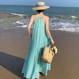 2025 Seaside vacation dress  small fresh simple sweet neck photo pleated pendulum beach suspender dress