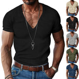 KKBOXLY 2025 popular summer men's versatile corduroy T-shirt trendy  flow sports and leisure V-neck slim-fitting short-sleeved men