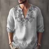 Plus Size Men's Ethnic Style Shirt, Vintage Floral Pattern Graphic Print Long Sleeve Shirt For Spring Fall, Men's Clothing