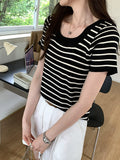 Striped T-shirt short-sleeved women's summer bottoming shirt square neck knitted thin  short outer top X127