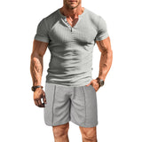 KKBOXLY 2025 summer new men's sports elastic T-shirt n trend Henry shirt casual short-sleeved shorts suit men
