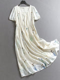 Plant Flower Embroidery Lace Square Neck Elastic Waist Slim-Fit Bubble Short Sleeve Women's Long Skirt Dress C054