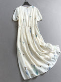 Plant Flower Embroidery Lace Square Neck Elastic Waist Slim-Fit Bubble Short Sleeve Women's Long Skirt Dress C054