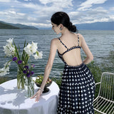 2025 Polka dot print suspender dress for women's sexy backless leisure vacation high waist and thin seaside atmosphere long dress