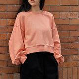 Classic crew neck solid color sweater women's clothing spring and autumn loose casual short top shoulder bubble sleeve jumper
