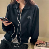 Simple casual letter embroidered jacket spring and autumn new double-headed zipper lapel top long-sleeved fleece sweater cardigan
