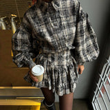 2025 Popular, New Spring and Autumn Casual Comfortable Fresh Printed Lapel Bubble Sleeve Shirt Lace Short Skirt Two-piece Set