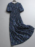 Floral shrunken pleats elastic waist slim slim body round neck lantern sleeves a word long skirt short sleeve women's dress dress Z056