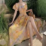 2025 Super fairy lotus leaf edge off-the-shoulder suspender dress, waist and thin, smudged printed fairy temperament holiday style dress
