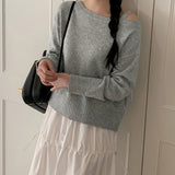 Temperament diagonal neck off-the-shoulder sweater  spring new solid color short women's threaded splicing neckline long-sleeved top