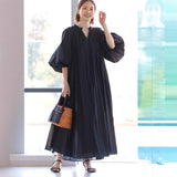 Holiday style dress niche design  retro V-neck lantern sleeves loose lazy long skirt C0132