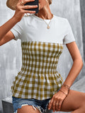 kkboxly  Plaid Two Tone Crew Neck T-shirt,  Gingham Print Contrast Panel Top T-shirt, Women's Clothing