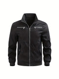 kkboxly  Men's Chic Bomber Jacket, Casual Street Style Stand Collar Windbreaker Jacket For Spring Fall