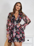 kkboxly  Floral Print V Neck Dresses, High Waist Ruffle Slim Mini Dress, Women's Clothing