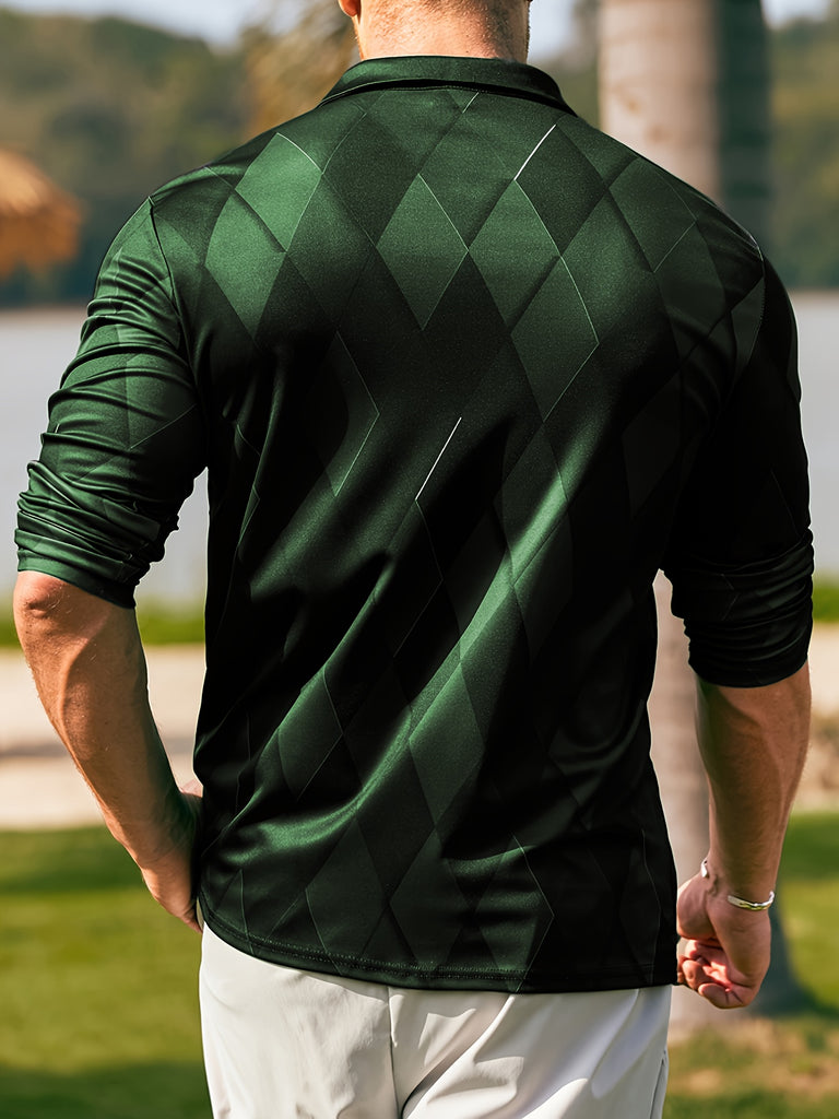 kkboxly  Plus Size Men's Argyle Graphic Print Golf Shirt Casual Stylish Long Sleeve Shirt For Spring Fall, Men's Clothing