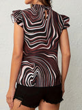 kkboxlyCasual Allover Print Ruffle Trim Blouse, Mock Neck Short Sleeve Blouse For Spring & Summer, Women's Clothing