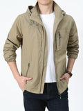 kkboxly  Classic Design Detachable Hooded Jacket, Men's Casual Letter Embroidery Nylon Zipper Pockets Jacket Coat