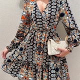Ethnic Print Ruffle Hem Dress, Elegant V Neck Long Sleeve Dress, Women's Clothing