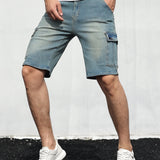 kkboxly  Flap Pockets Cargo Denim Shorts, Men's Casual Multi Pocket Mid Stretch Waist Drawstring Cargo Denim Shorts For Summer Outdoor