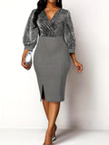 kkboxly  Elegant Skinny Shiny Dress, Long Sleeve V-neck Dress For Party & Banquet, Women's Clothing