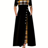 2025 kkboxly  Plaid Print Splicing Dress, Casual Crew Neck Short Sleeve Summer Asymmetrical Dress, Women's Clothing