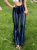 kkboxly  Striped Print Flare Leg Pants, Casual Long Sleeve Slim Pants, Women's Clothing