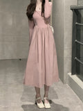 kkboxly  Solid Crew Neck Ruffle Hem Dress, Elegant Long Sleeve Slim Dress For Spring & Fall, Women's Clothing