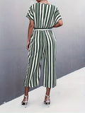 kkboxly  Striped Surplice Neck Belted Jumpsuit, Casual Batwing Sleeve Jumpsuit For Spring & Summer, Women's Clothing