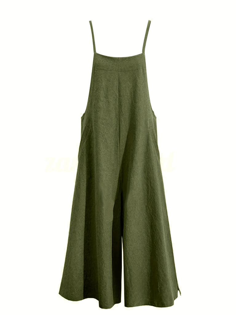 kkboxly  Solid Spaghetti Jumpsuit, Casual Sleeveless Wide Leg Long Length Jumpsuit With Pockets, Women's Clothing