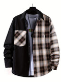 Men's Casual Cotton Stitch Plaid Button Up Shirt With Chest Pocket, Male Clothes For Spring And Fall