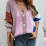 kkboxly  Color Block Button Front Cardigan, Casual Long Sleeve Knitted Cardigan, Women's Clothing
