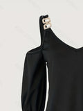 Kkboxly  Chain 3/4 Sleeve Dress, Casual Cold Shoulder V Neck Solid Dress, Women's Clothing