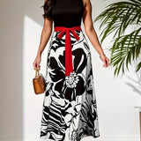 kkboxly  Floral Print Round Neck Sleeveless Tie Waist Dress, Vintage Stitch Flared Maxi Dress, Women's Clothing