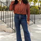 kkboxly  Plus Size Casual Jeans, Women's Plus Solid Button Fly Medium Stretch Flared Leg Jeans