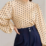 kkboxly  Polka-dot Print Mock Neck Blouse, Elegant Long Lantern Sleeve Blouse For Spring & Fall, Women's Clothing
