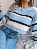 Striped Crew Neck Crop Sweater, Casual Long Sleeve Sweater For Spring & Fall, Women's Clothing
