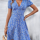 kkboxly  Ditsy Floral Print Dress, Sexy Short Sleeve V Neck Dress, Women's Clothing
