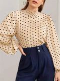 kkboxly  Polka-dot Print Mock Neck Blouse, Elegant Long Lantern Sleeve Blouse For Spring & Fall, Women's Clothing